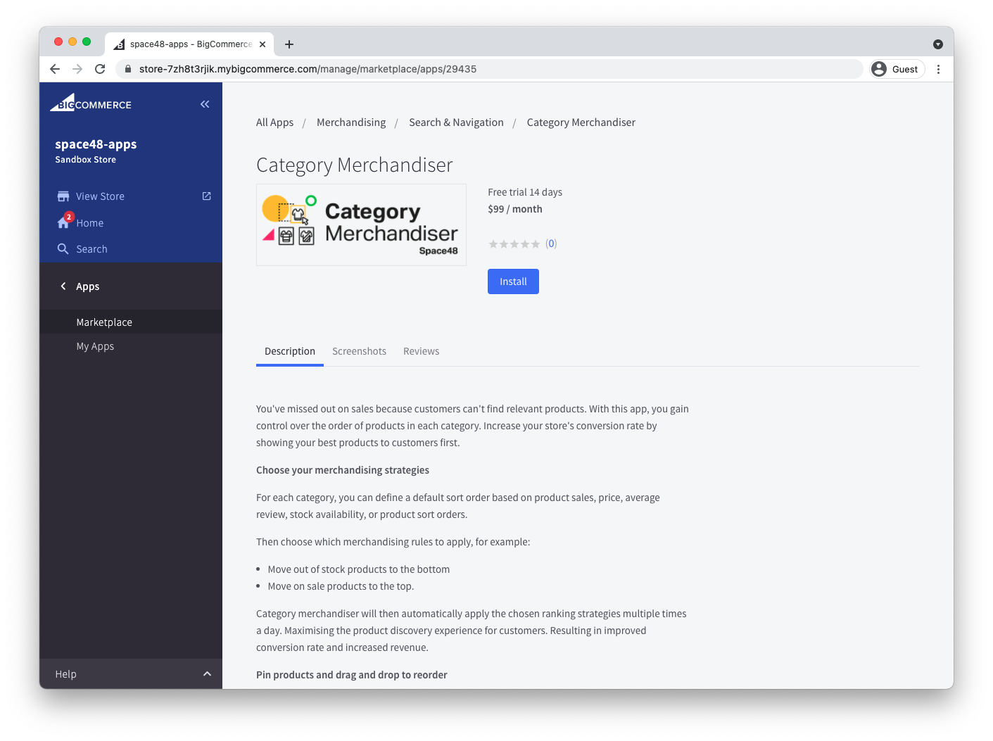 Category Merchandiser installation page in BigCommerce