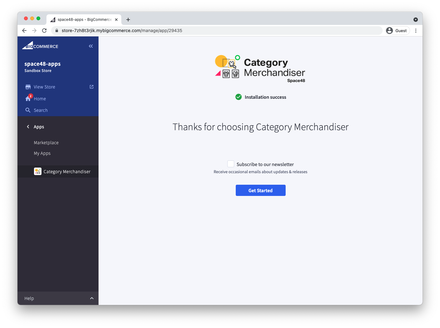 Category Merchandiser installation success screen