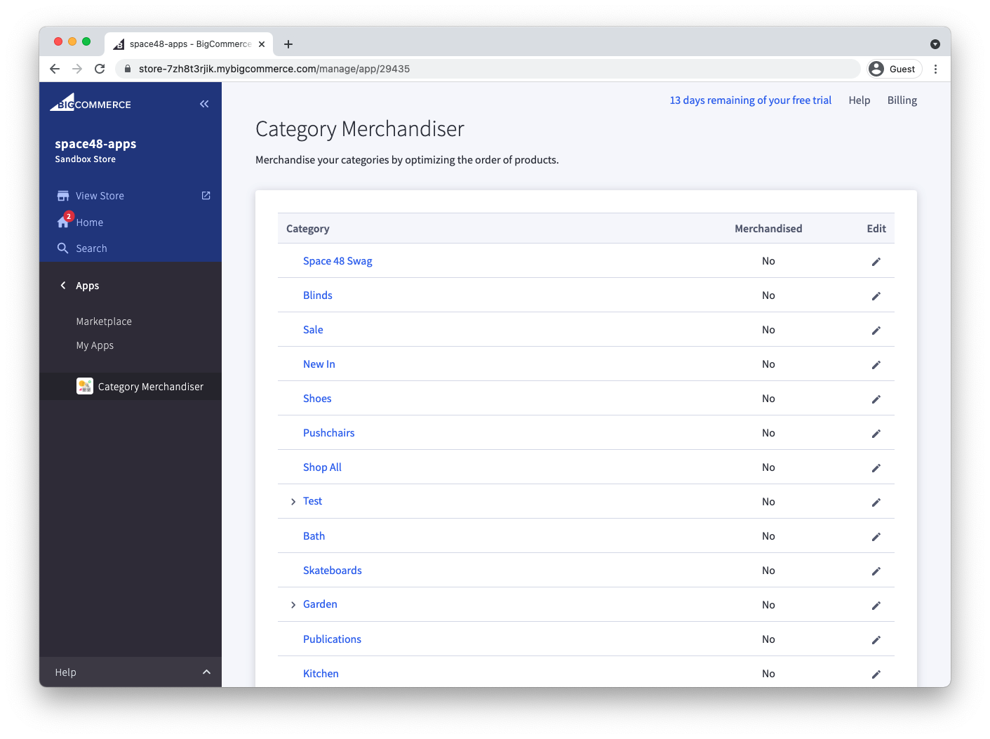 Category list shown after installing Category Merchandiser