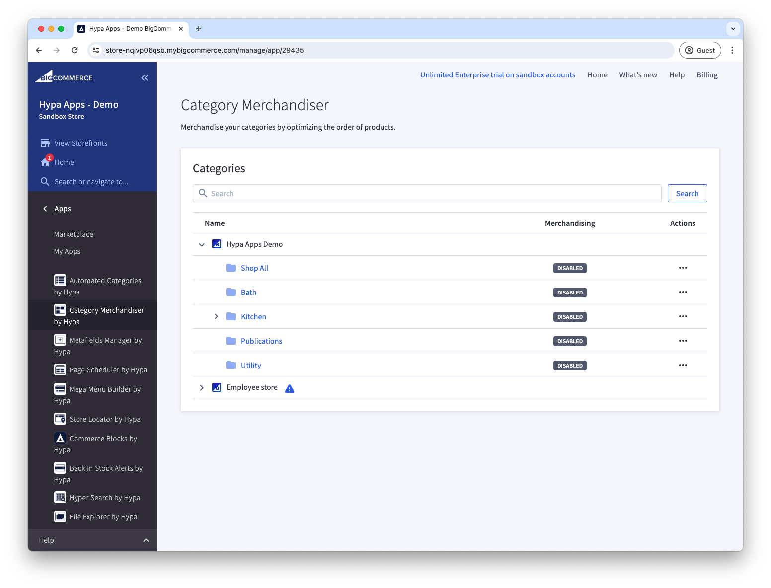 Category Merchandiser category list with merchandising statuses