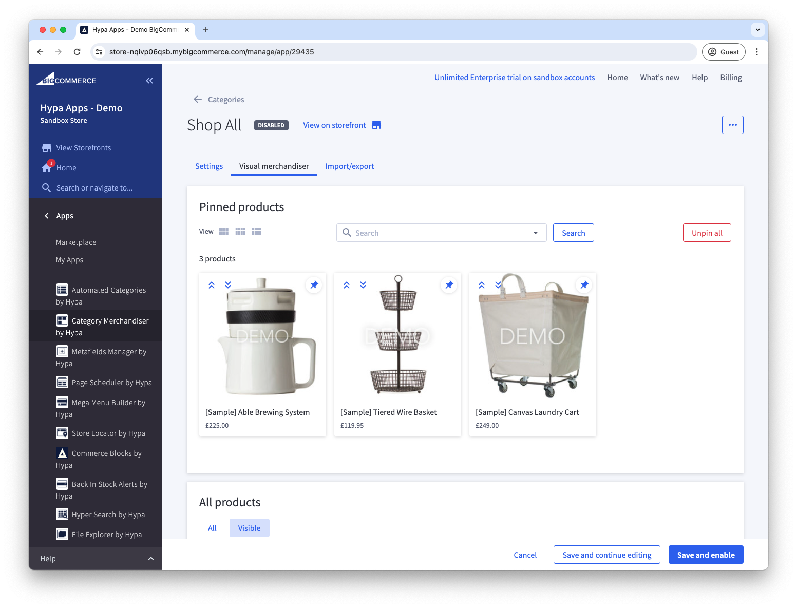 Visual merchandiser tab with no pinned products