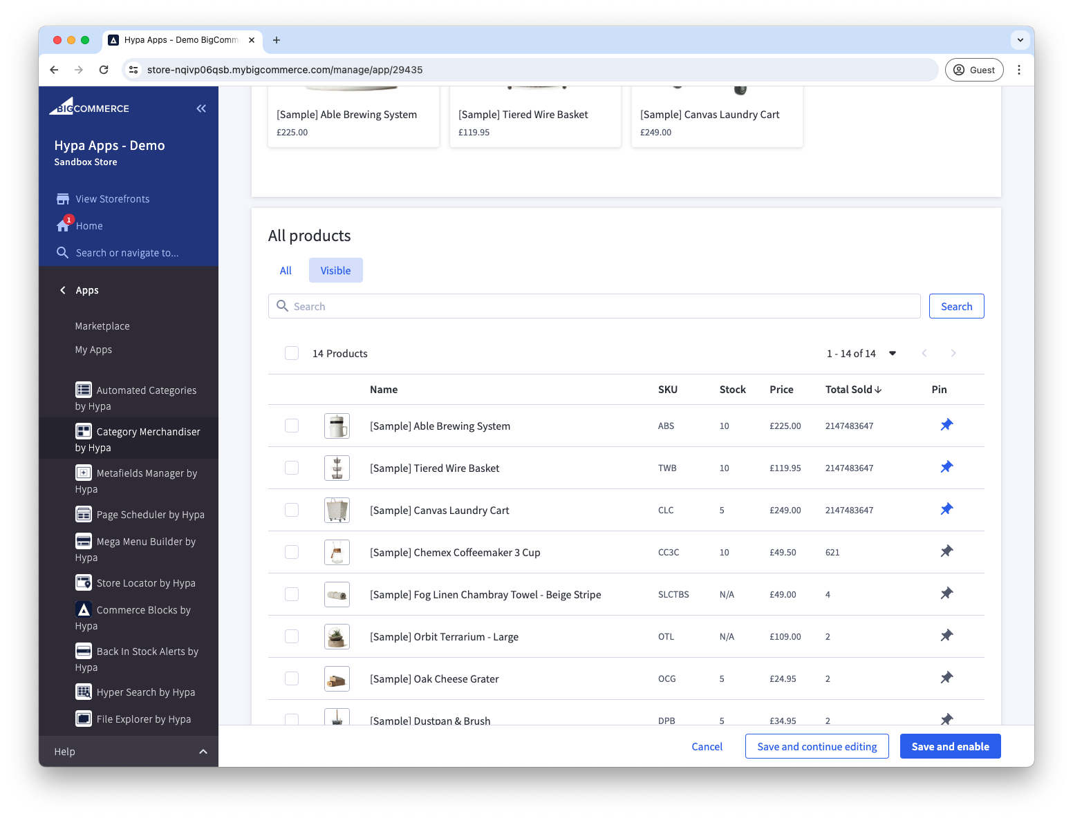 Pinned products and the searchable All products table