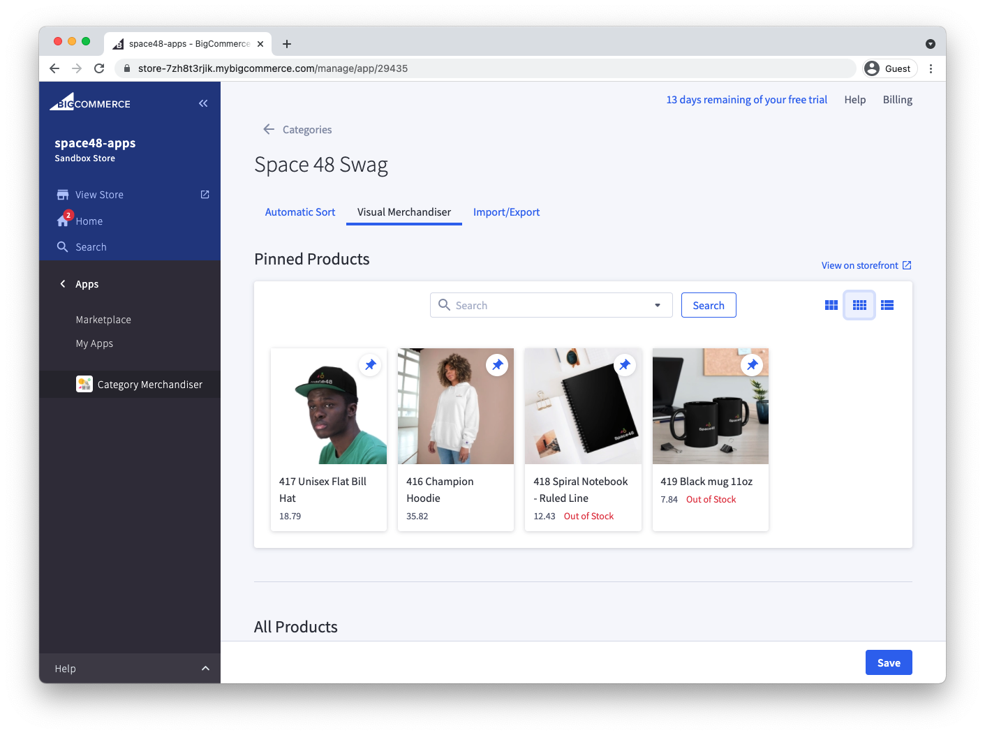 Pinned products shown in the compact grid view