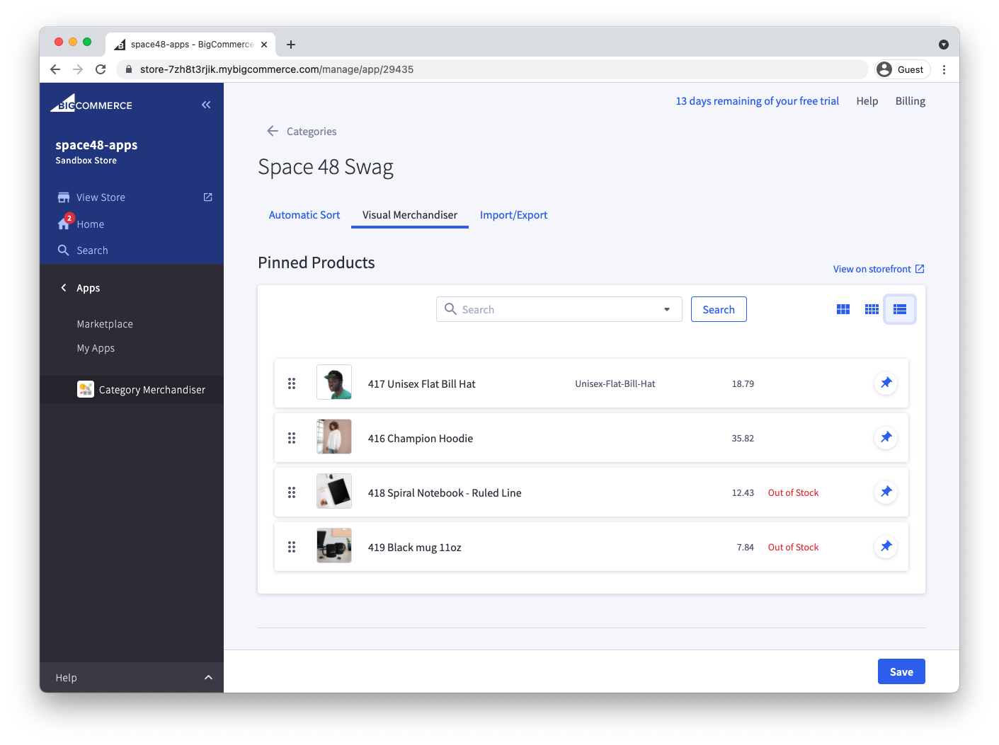 Pinned products shown in the list view